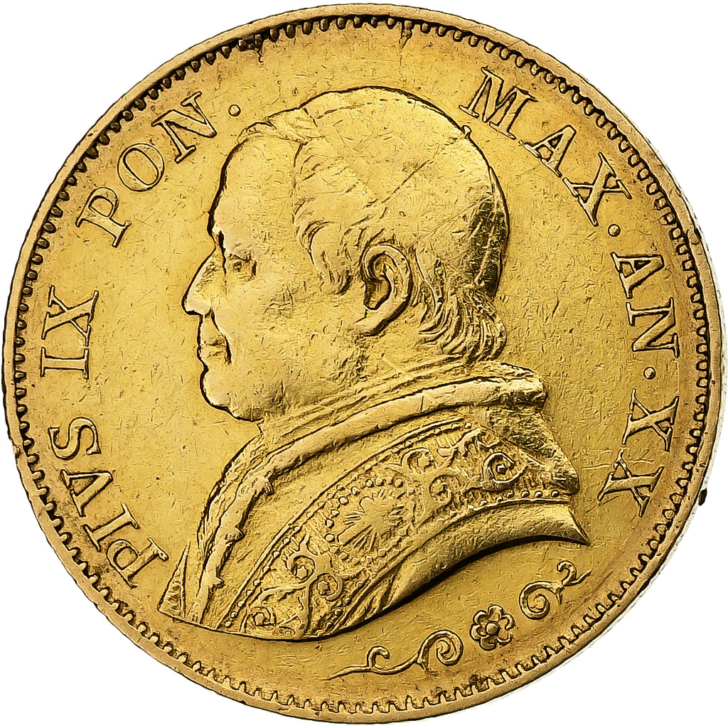 Papal States, Pius IX, 20 Lire, 1866 - Anno XX, Rome, Złoto, AU(50-53)