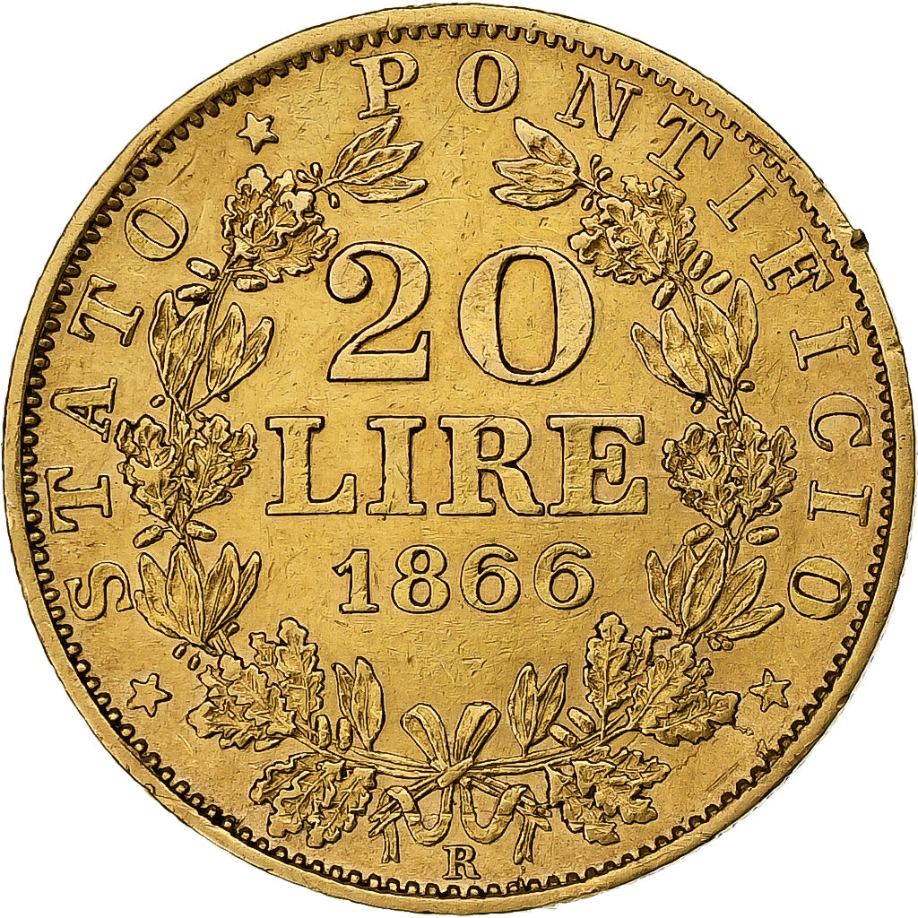 Papal States, Pius IX, 20 Lire, 1866 - Anno XX, Rome, Złoto, AU(50-53)