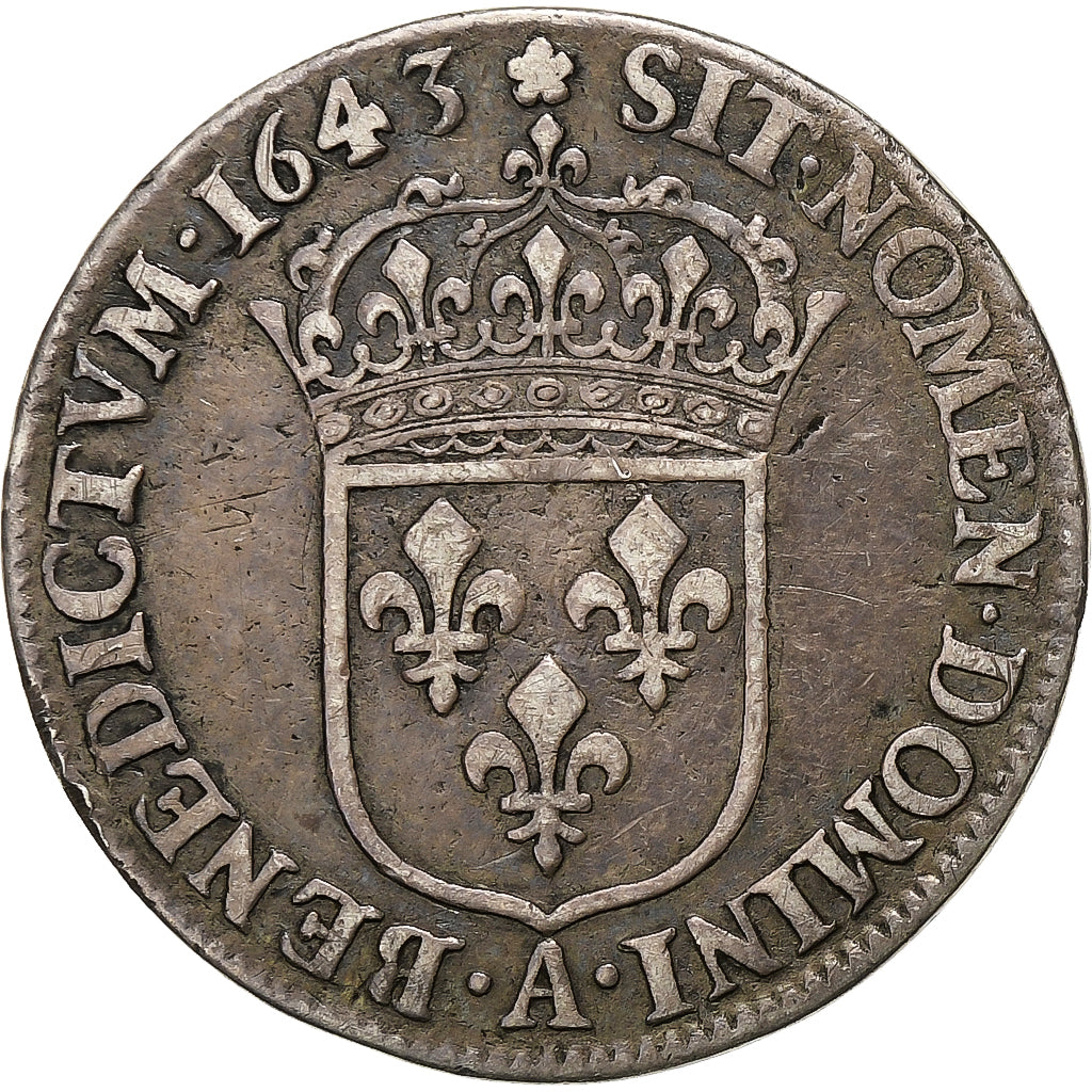 Francia, Louis XIII, 1/4 Ecu, 1643, Paris, rose, Plata, BC+, Gadoury:48