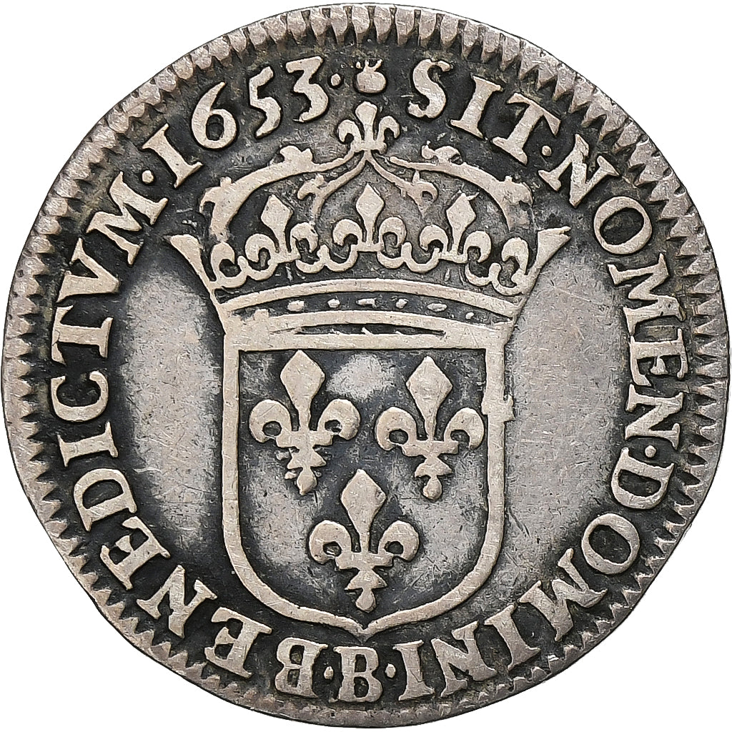 França, Louis XIV, 1/12 Ecu à la mèche longue, 1653, Rouen, Prata, VF(30-35)