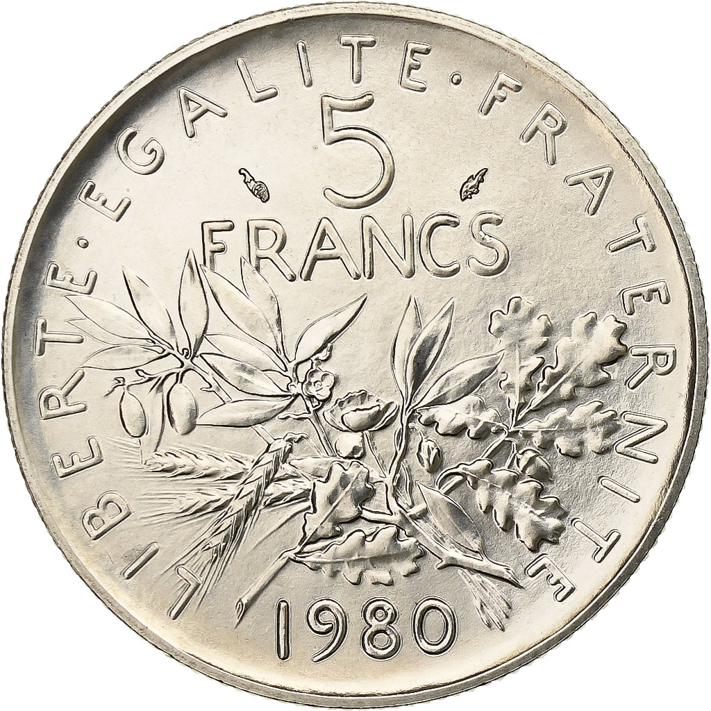 Francja, 5 Francs, Semeuse, 1980, Paris, série FDC, Miedzionikiel, MS(65-70)