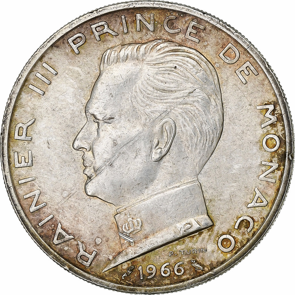 Monaco, Rainier III, 5 Francs, 1966, Srebro, AU(50-53), Gadoury:MC152.