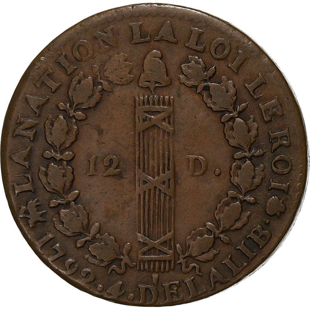 France, Louis XVI, 12 Deniers, 1792 / AN 4, Rouen, Copper, VF(30-35), Gadoury:15
