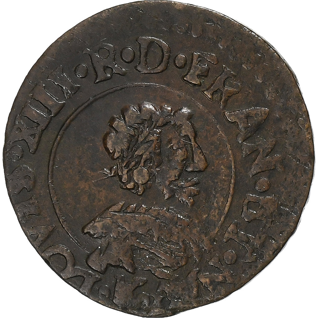 France, Louis XIII, Double Tournois, 1637, Bordeaux, Rare, Copper, EF(40-45)