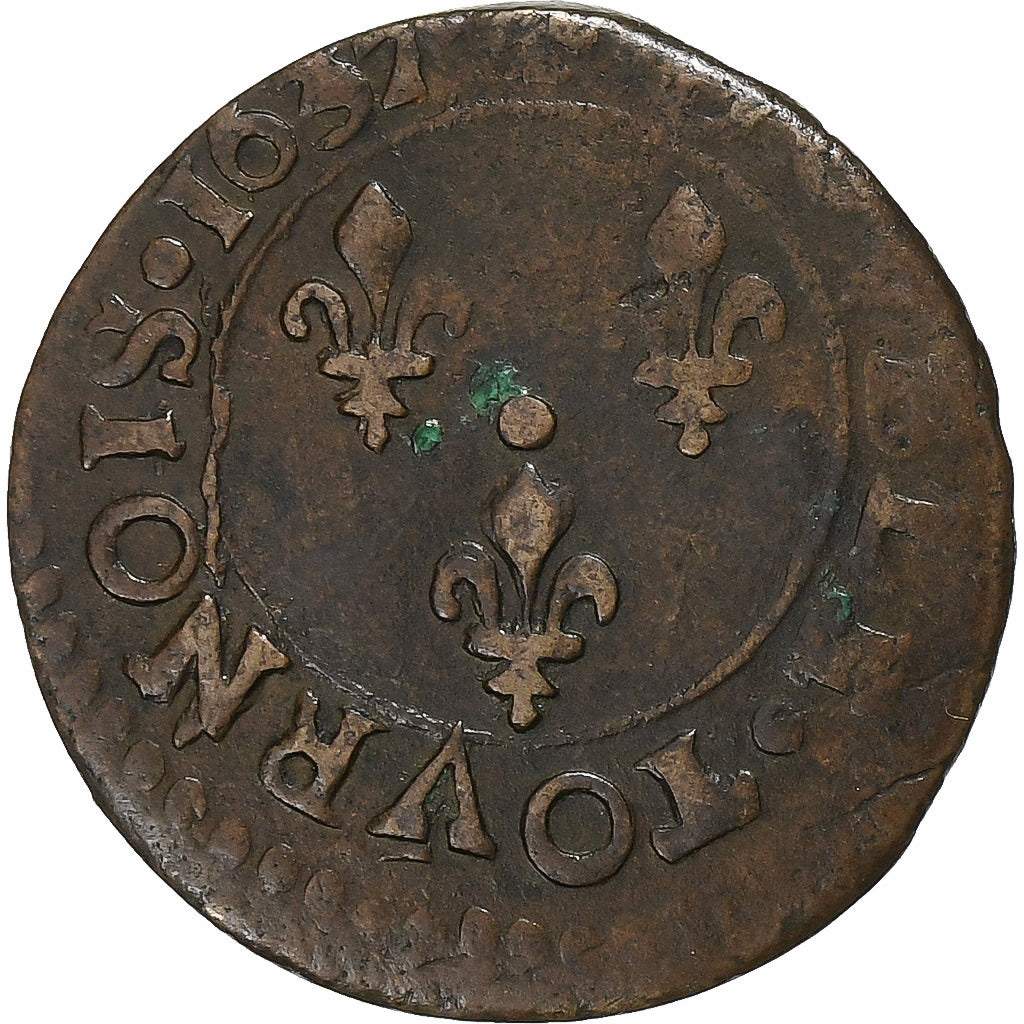 France, Louis XIII, Double Tournois, 1637, Bordeaux, Rare, Copper, EF(40-45)