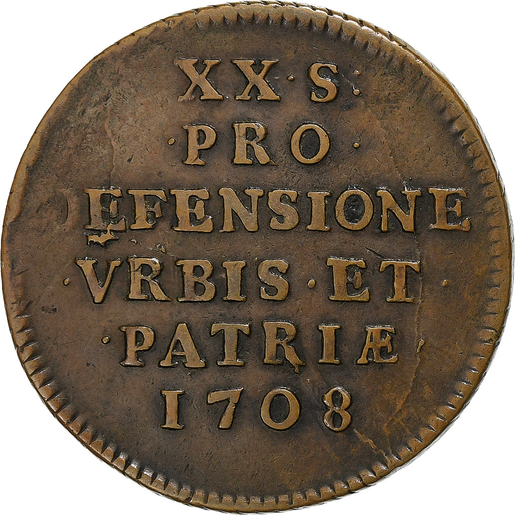 France, 20 Sols, 1708, Lille, siège de Lille, Cuivre, TTB