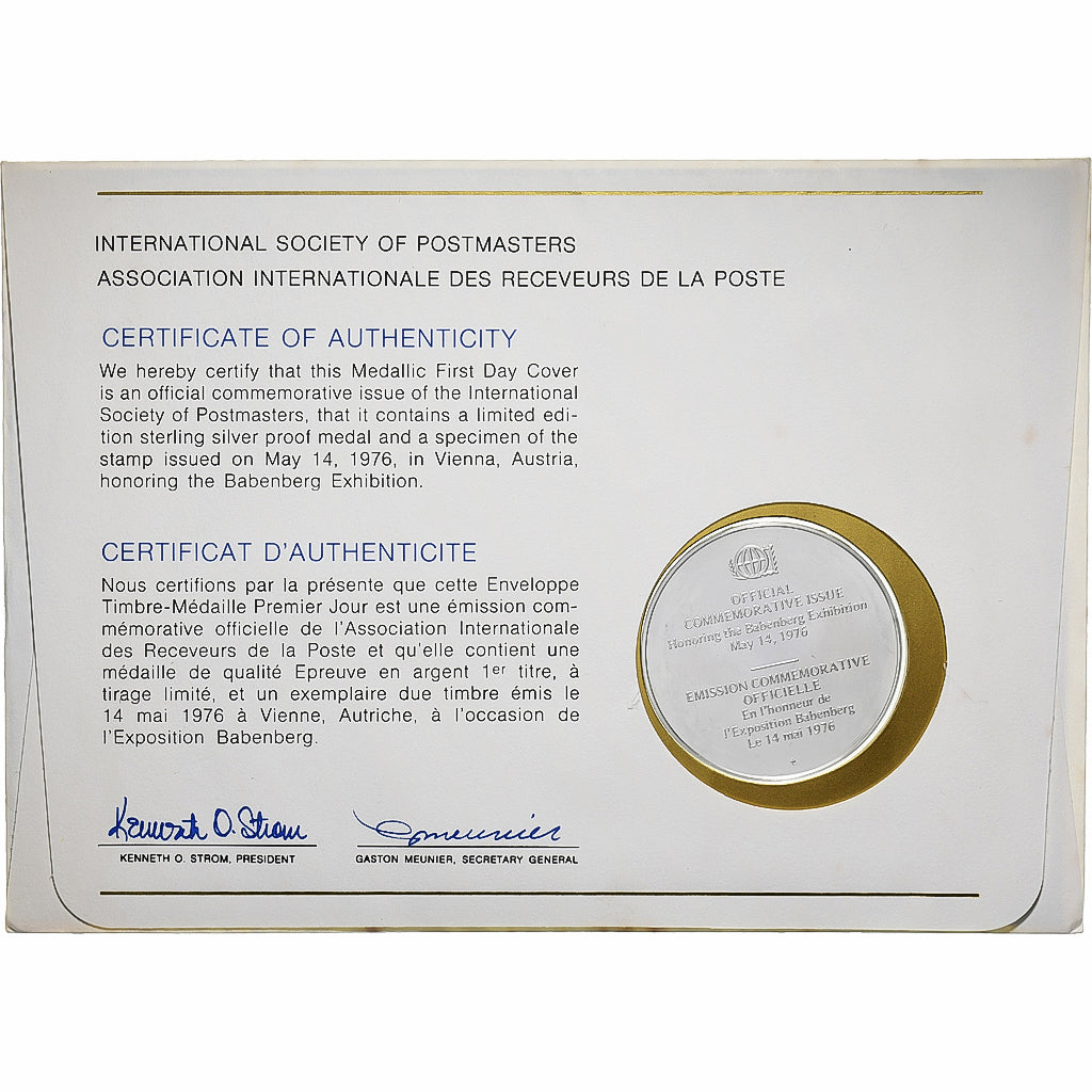 Austria, Medal + stamp, International Society of Postmasters, 1976, Silver