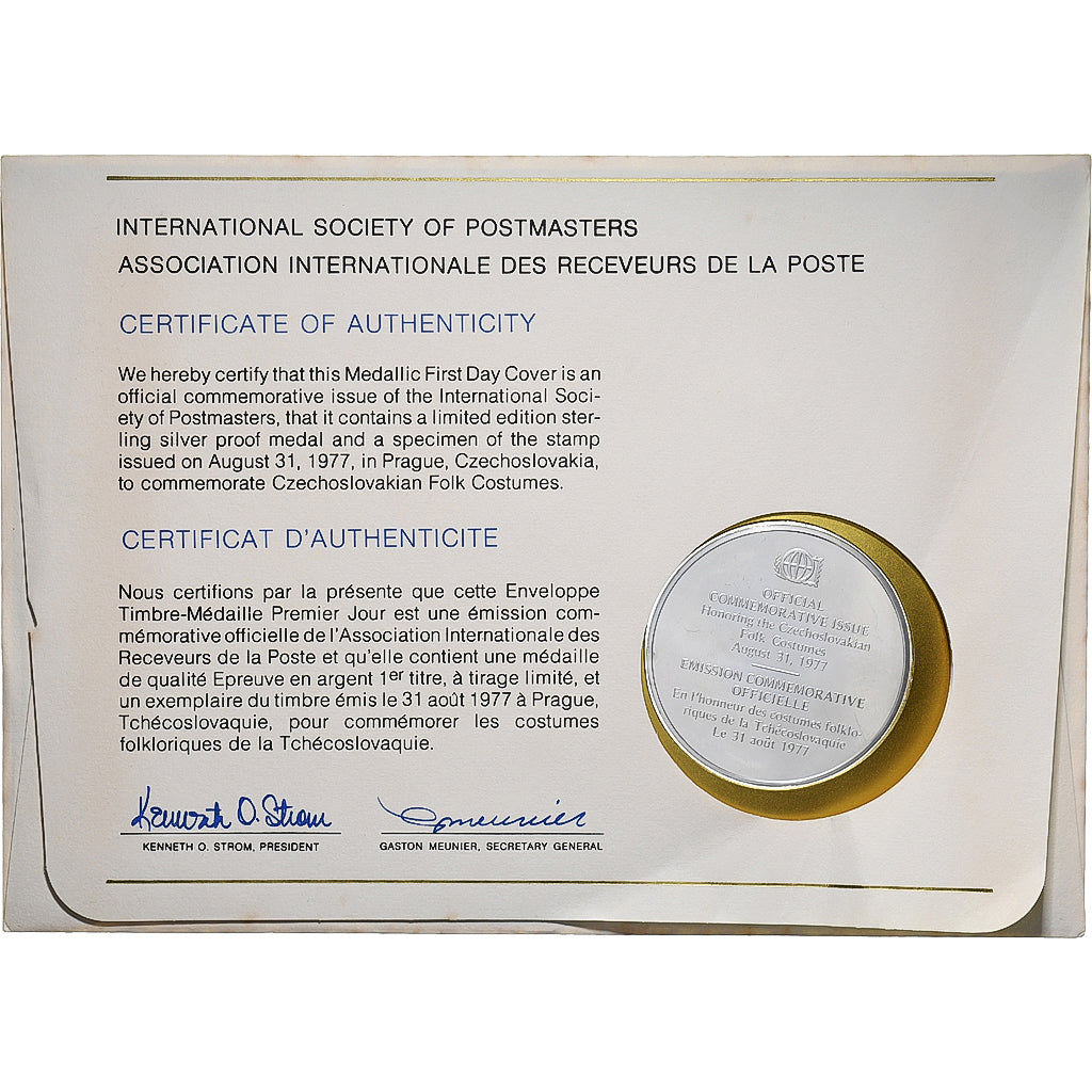 Cecoslovacchia, Medal + stamp, International Society of Postmasters, 1977