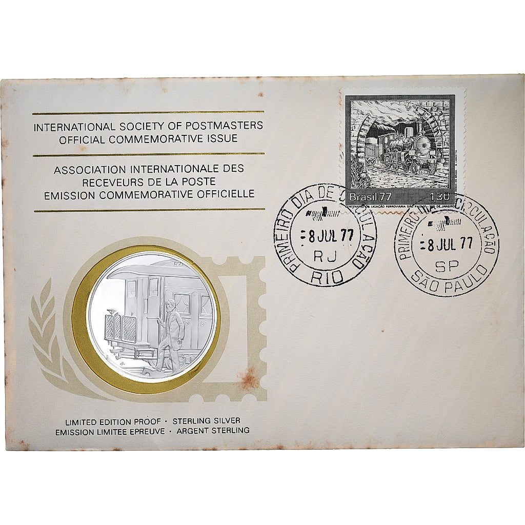 Brazil, Medal + stamp, International Society of Postmasters, 1977, Silver