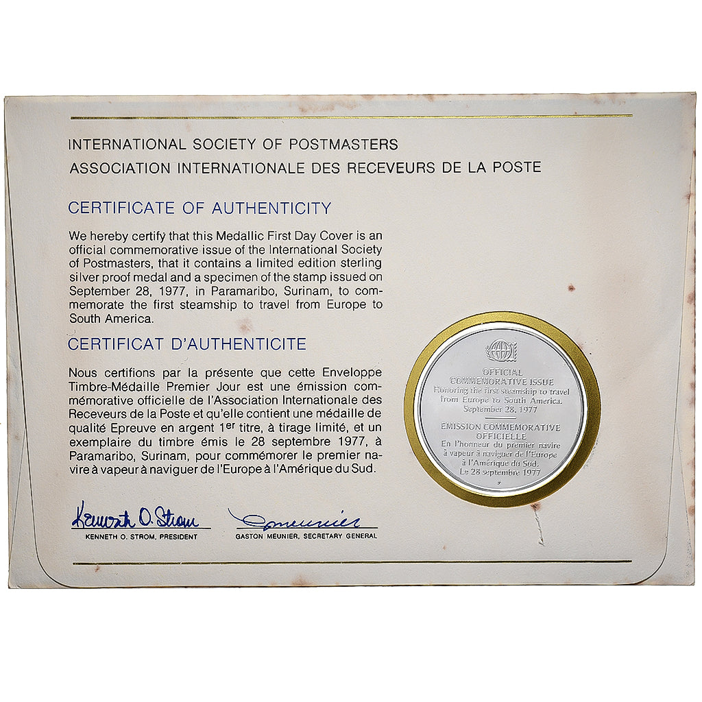 Suriname, Medal + stamp, International Society of Postmasters, 1977, Srebro