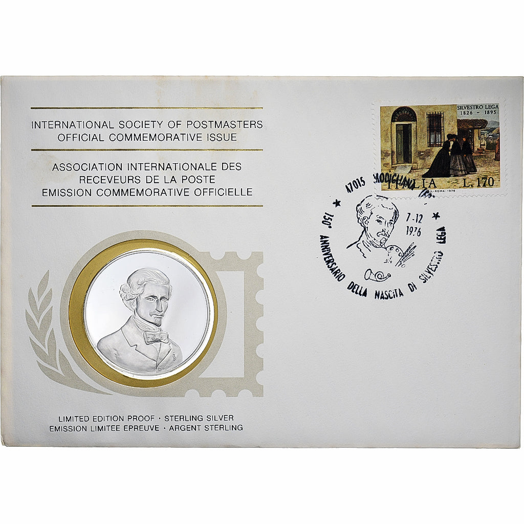 Italia, Medal + stamp, International Society of Postmasters, 1976, Argento, FS