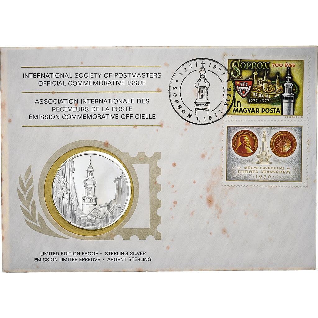 Hungary, Medal + stamp, International Society of Postmasters, 1977, Silver