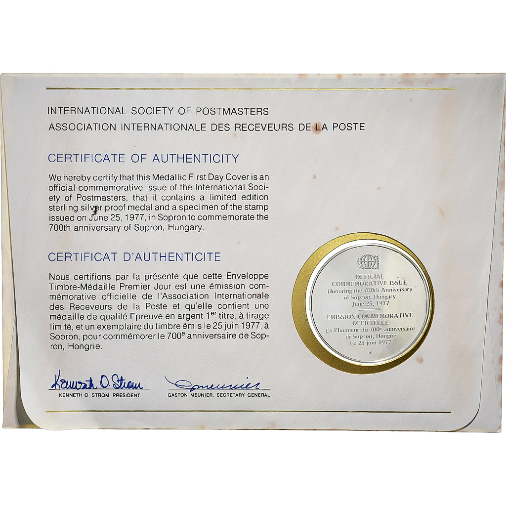 Hungria, Medal + stamp, International Society of Postmasters, 1977, Prata