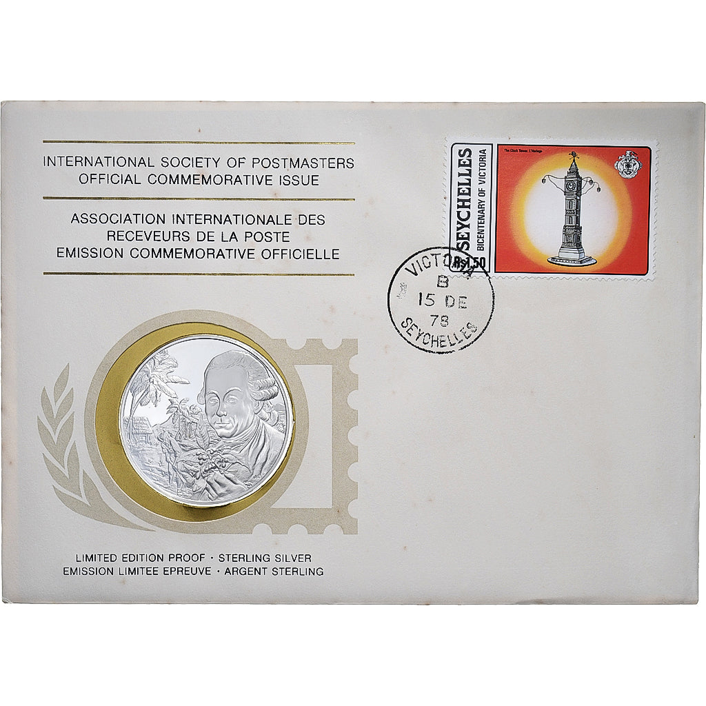 Seychelles, Medal + stamp, International Society of Postmasters, 1978, Argento