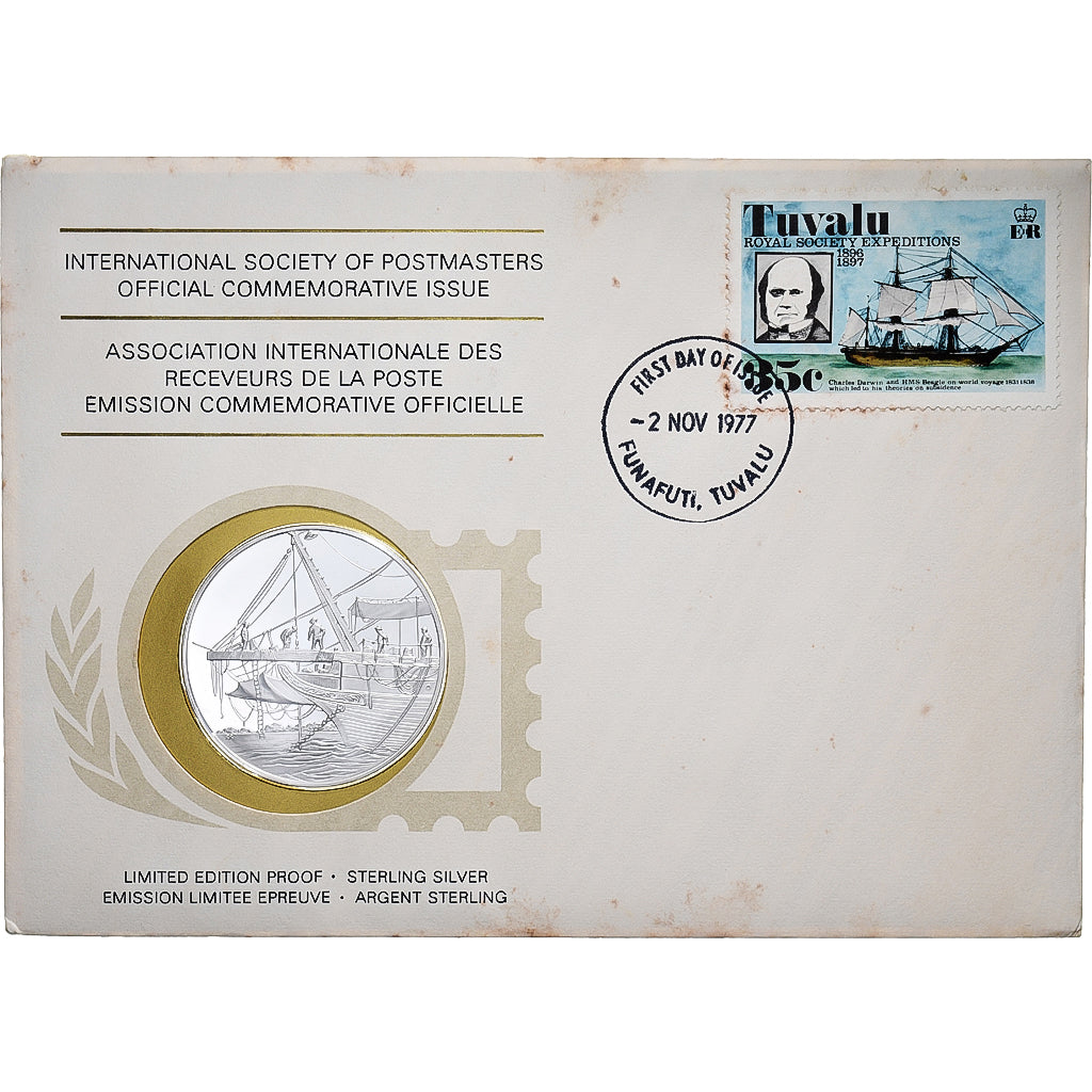Tuvalu, Médaille + Timbre, Asso. Int. des Receveurs de la Poste, 1977, Argent