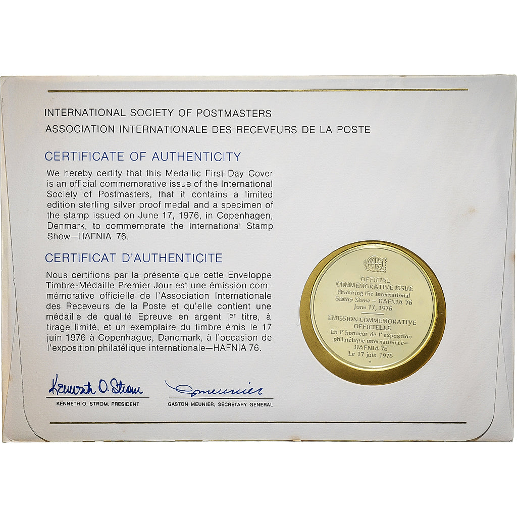 Danemark, Médaille + Timbre, Asso. Int. des Receveurs de la Poste, 1976, Argent
