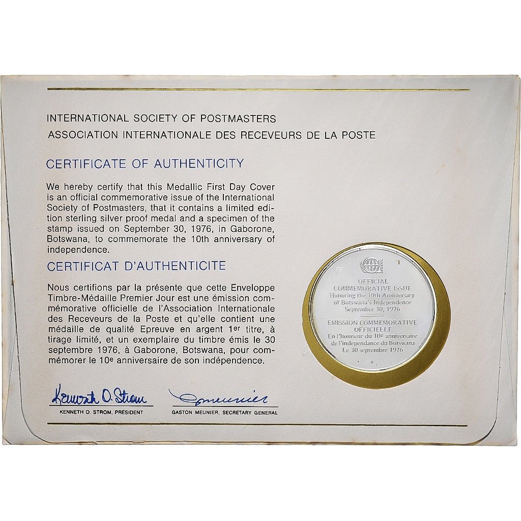 Botswana, Médaille + Timbre, Asso. Int. des Receveurs de la Poste, 1976, Argent