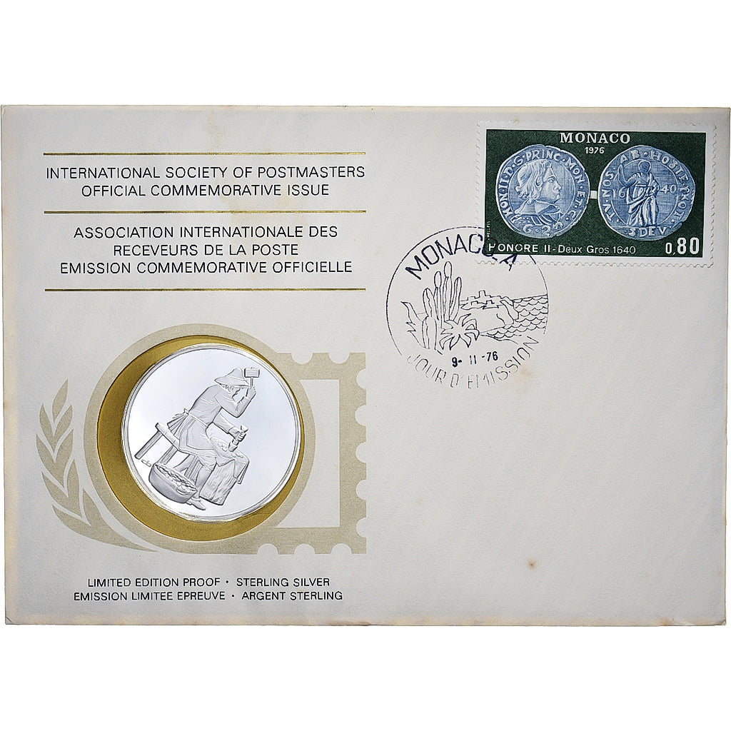Mónaco, Medal + stamp, International Society of Postmasters, 1976, Prata