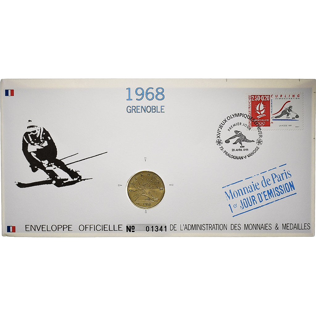 Francia, Medal + stamp, XVIème JO d'Albertville, Grenoble, 1991, Rame-nichel