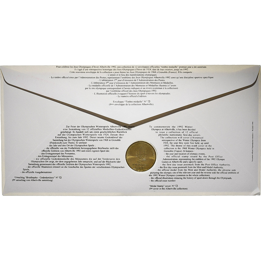 Francia, Medal + stamp, XVIème JO d'Albertville, Grenoble, 1991, Rame-nichel