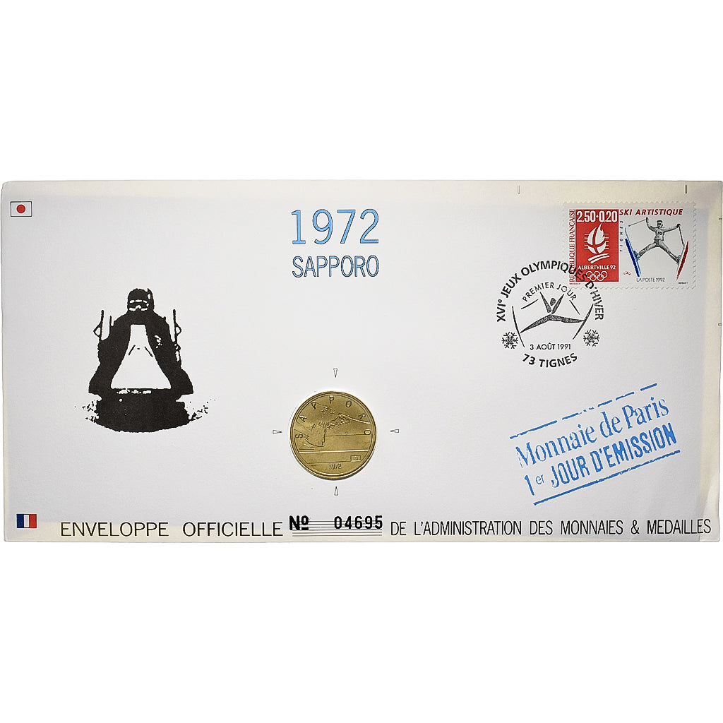 Francia, Medal + stamp, XVIème JO d'Albertville, Sapporo, 1991, Rame-nichel