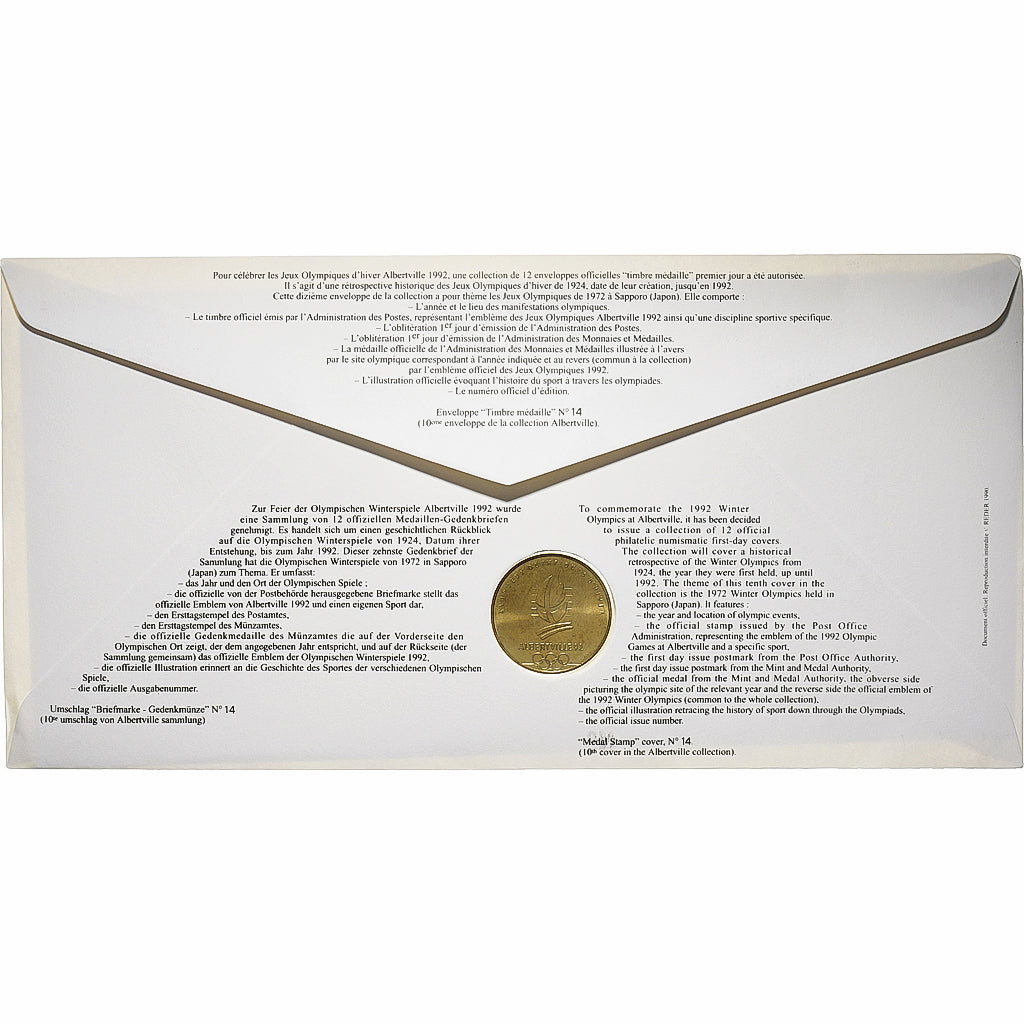 Francia, Medal + stamp, XVIème JO d'Albertville, Sapporo, 1991, Rame-nichel