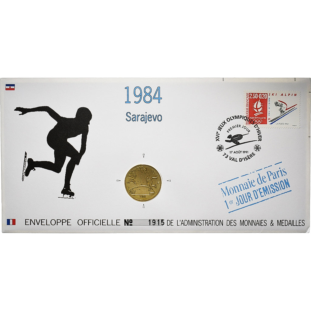 France, Medal + stamp, XVIème JO d'Albertville, Sarajevo, 1991, Copper-nickel