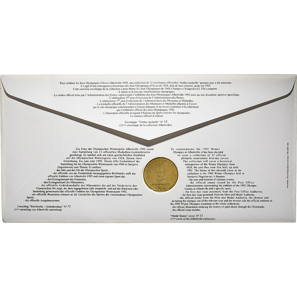 France, Medal + stamp, XVIème JO d'Albertville, Sarajevo, 1991, Copper-nickel