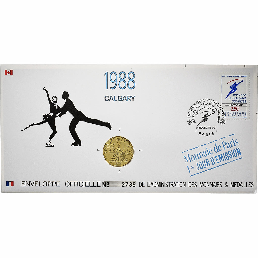 France, Medal + stamp, XVIème JO d'Albertville, Calgary, 1991, Copper-nickel