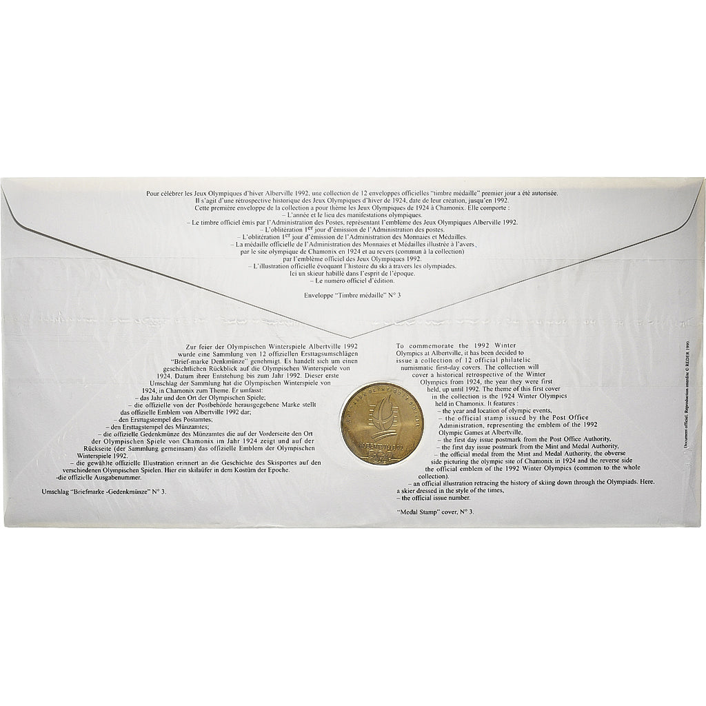 Francia, Medal + stamp, XVIème JO d'Albertville, Chamonix-Mont Blanc, 1991