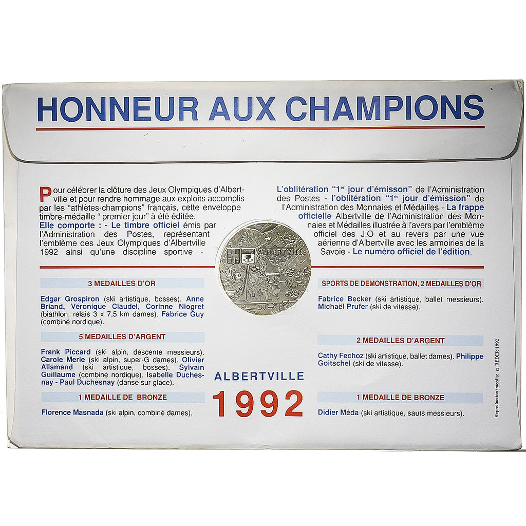 Francia, Medal + stamp, XVIème JO d'Albertville, Honneur aux Champions, 1992