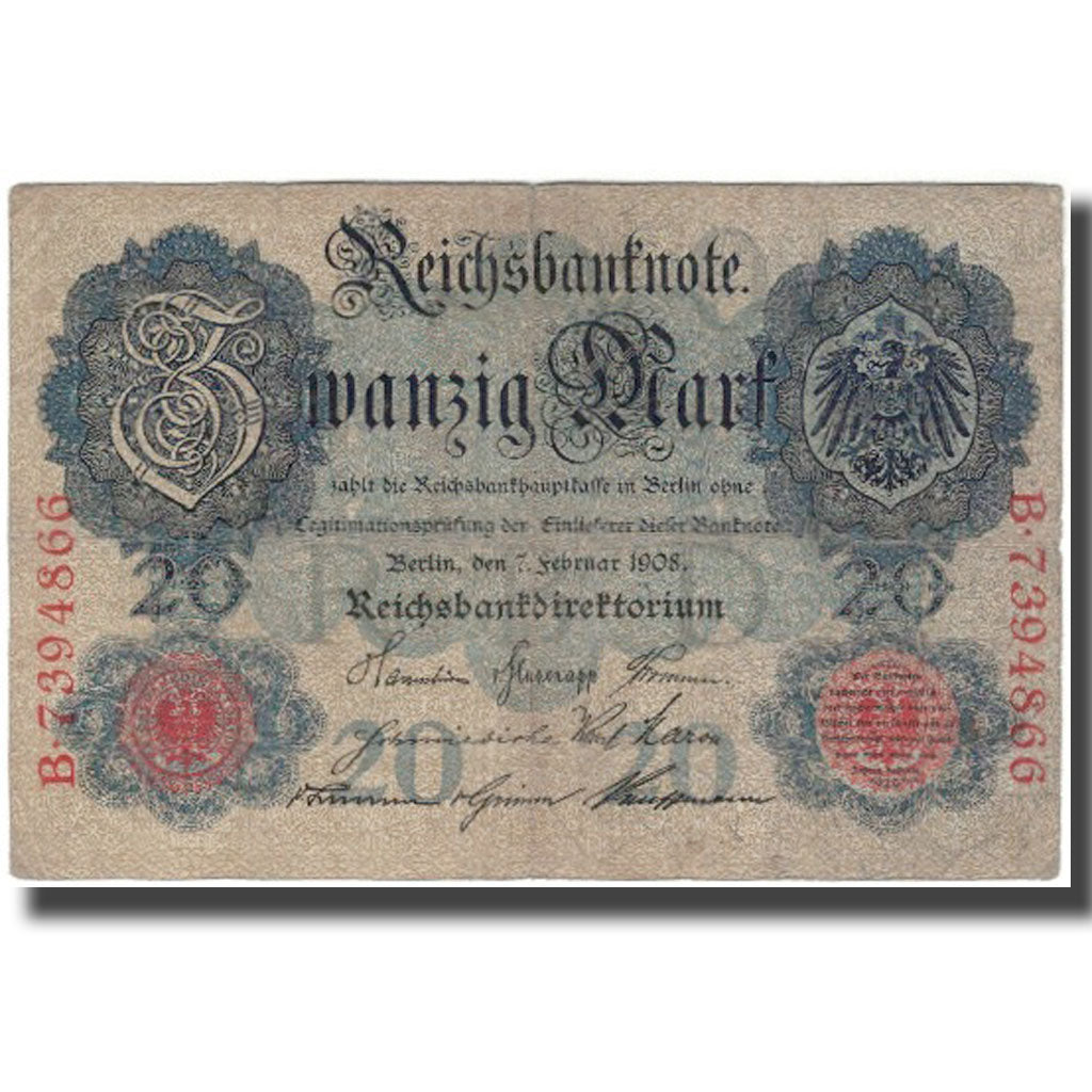 Banknot, Niemcy, 20 Mark, 1908, KM:31, VF(20-25)
