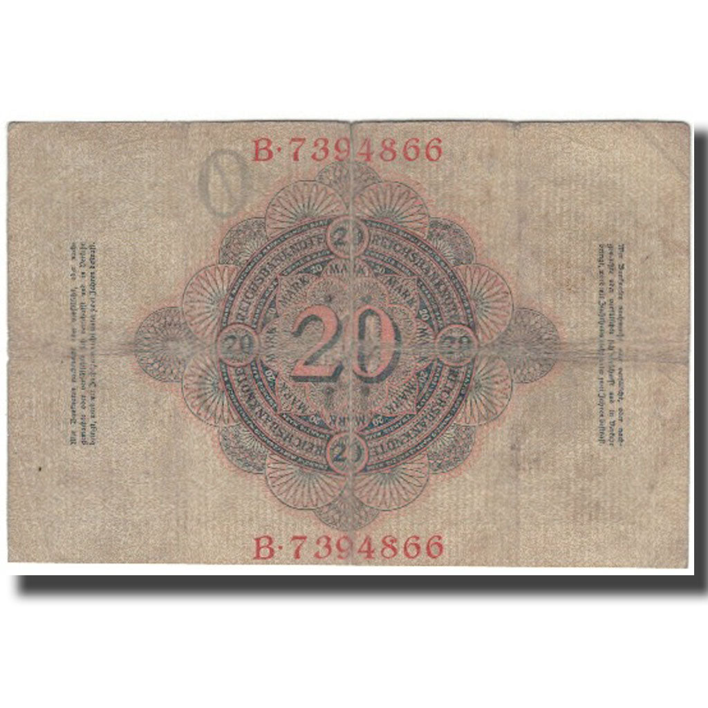 Banknot, Niemcy, 20 Mark, 1908, KM:31, VF(20-25)