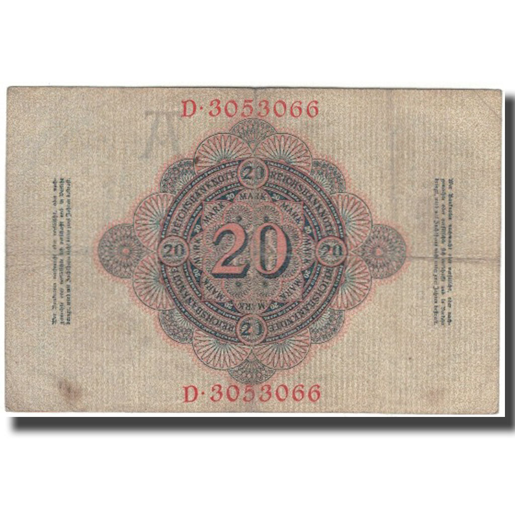 Banknot, Niemcy, 20 Mark, 1908, KM:31, VF(30-35)