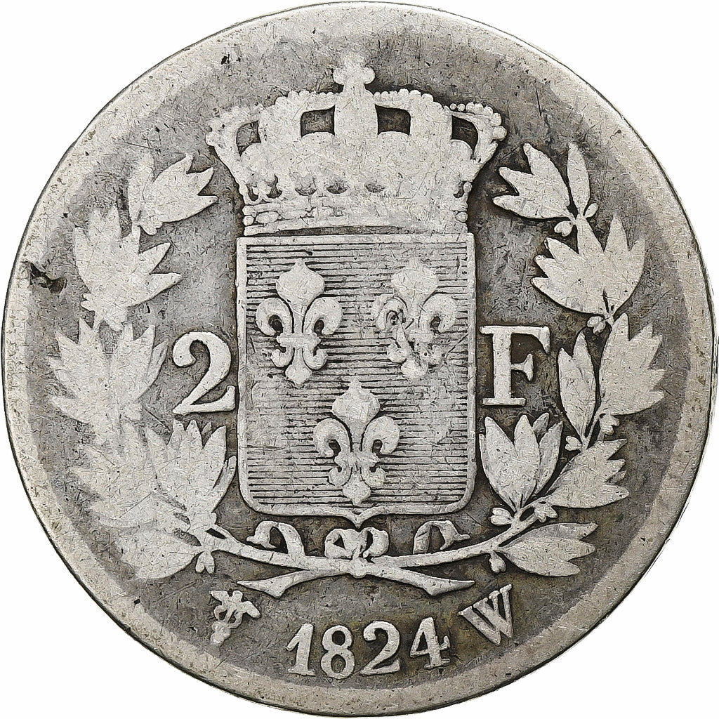 Francia, Louis XVIII, 2 Francs, 1824, Lille, Argento, MB, Gadoury:513