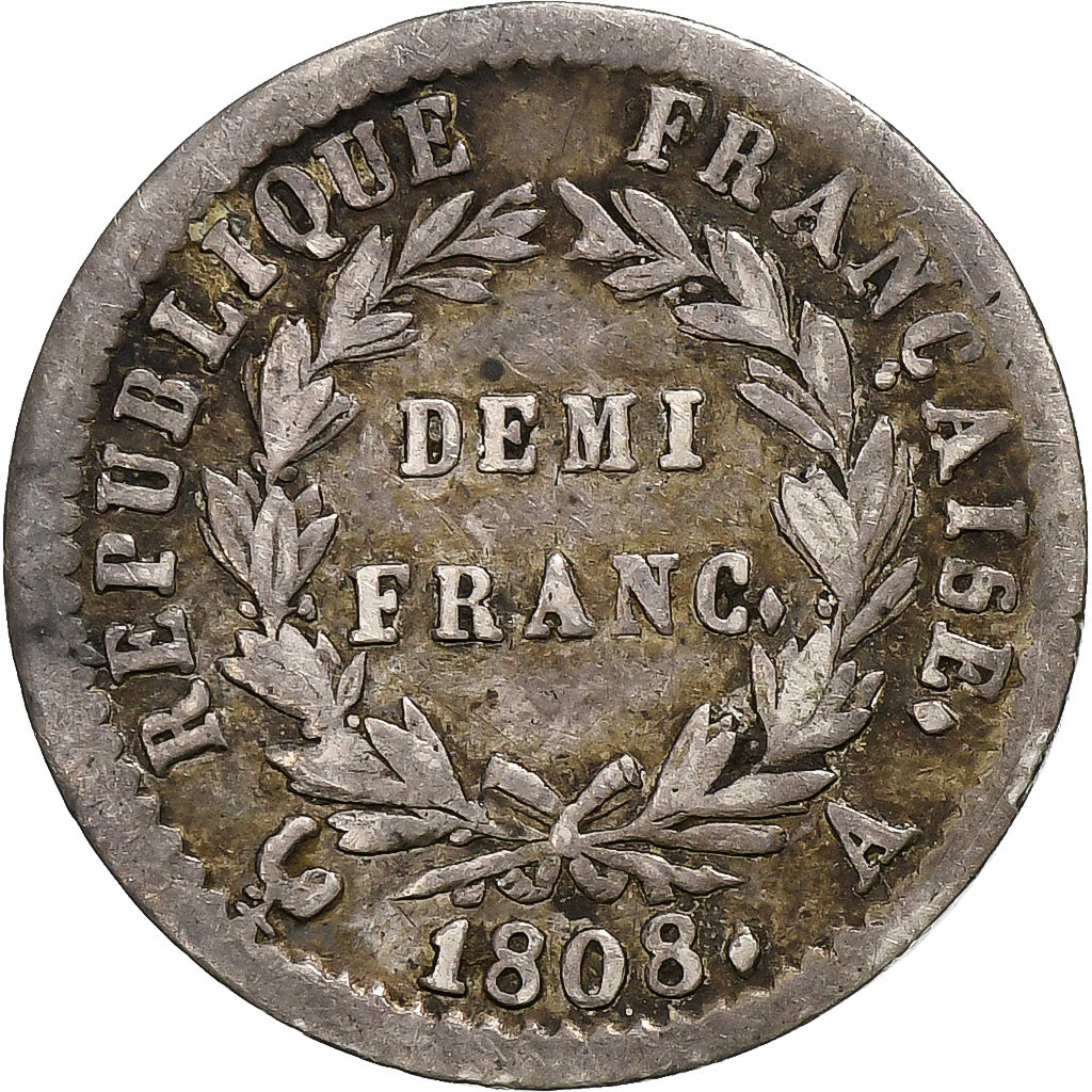 France, Napoleon I, Demi Franc, 1808, Paris, Silver, VF(30-35)