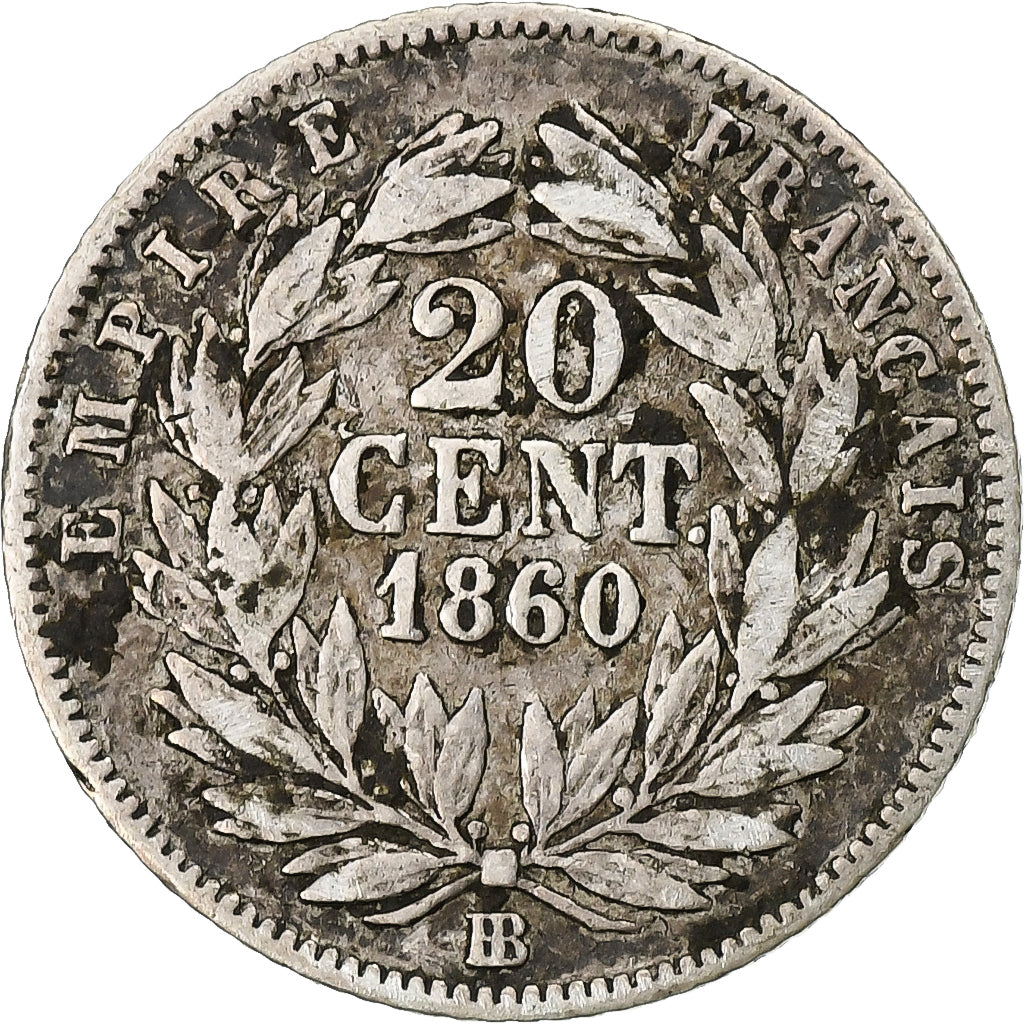 France, Napoleon III, 20 Centimes, 1860, Strasbourg, Silver, VF(30-35)