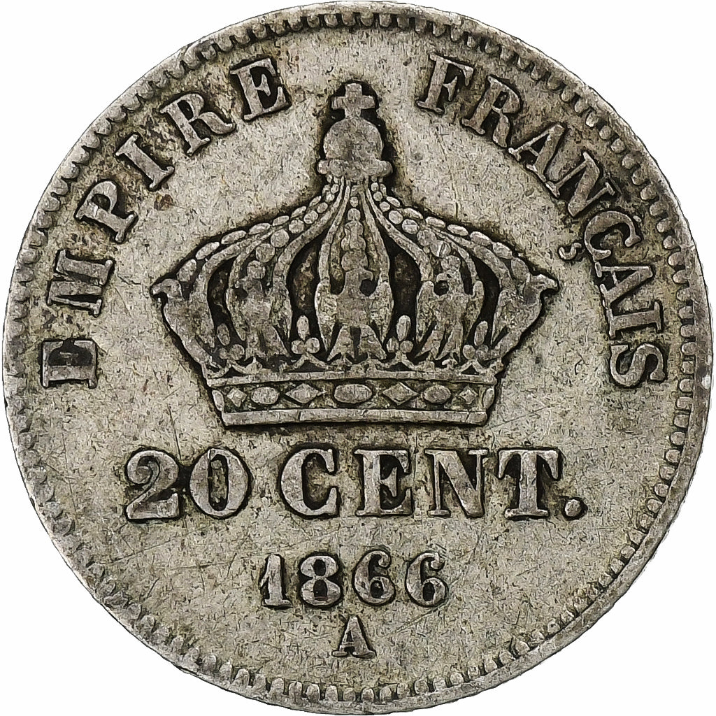 France, Napoleon III, 20 Centimes, 1866, Paris, Silver, VF(30-35), Gadoury:308
