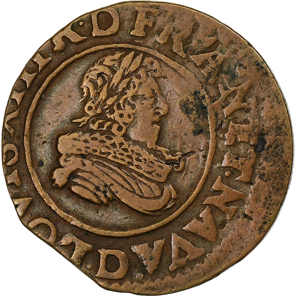 França, Louis XIII, Double Tournois, 1632, Lyon, Cobre, EF(40-45)