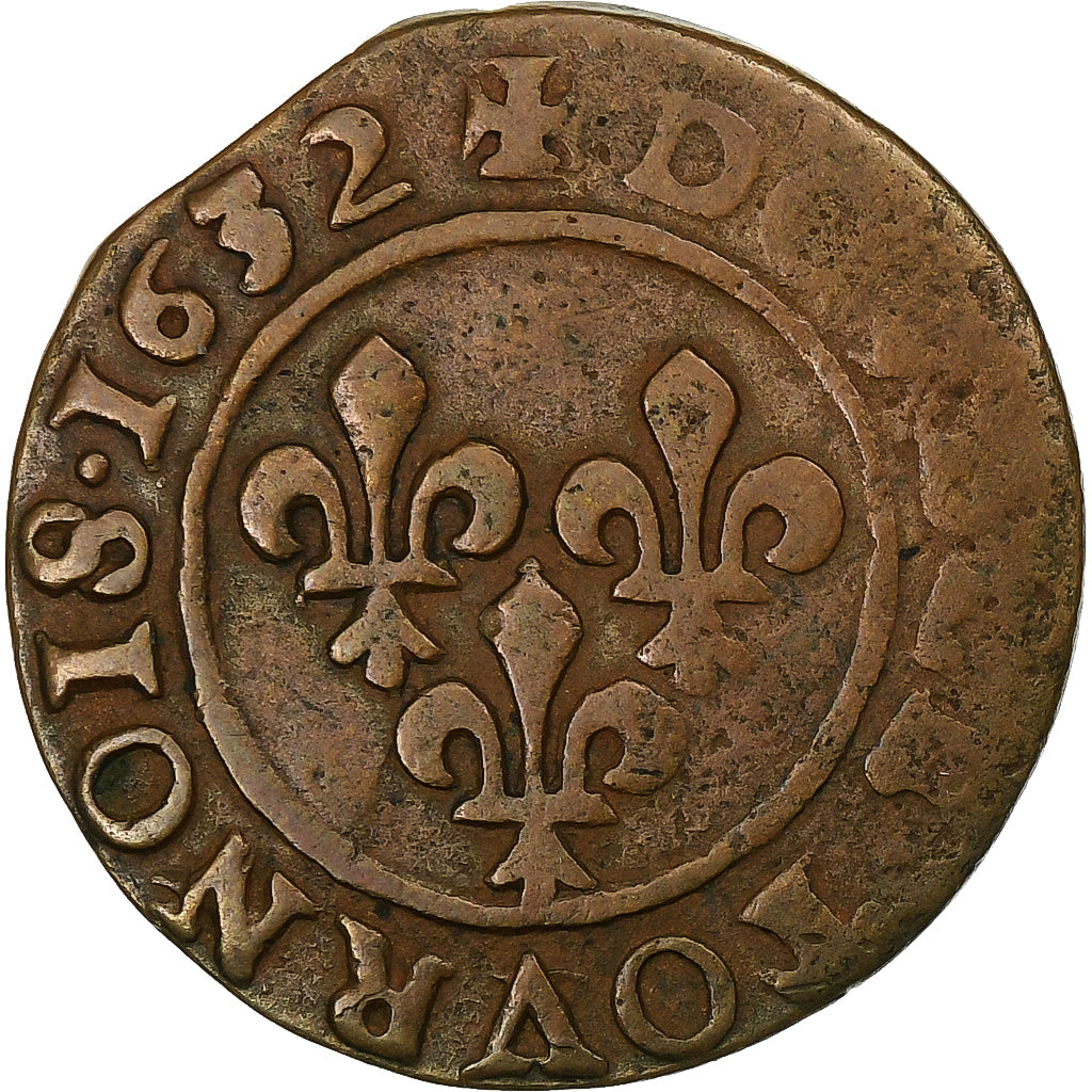 França, Louis XIII, Double Tournois, 1632, Lyon, Cobre, EF(40-45)