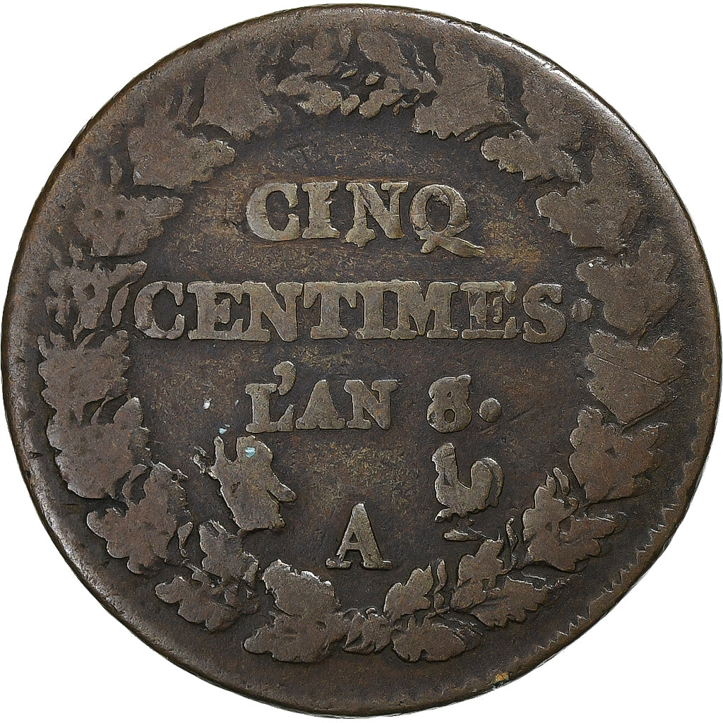 Francia, 5 Centimes, Dupré, AN 8/5, Paris, Bronzo, MB, Gadoury:126a