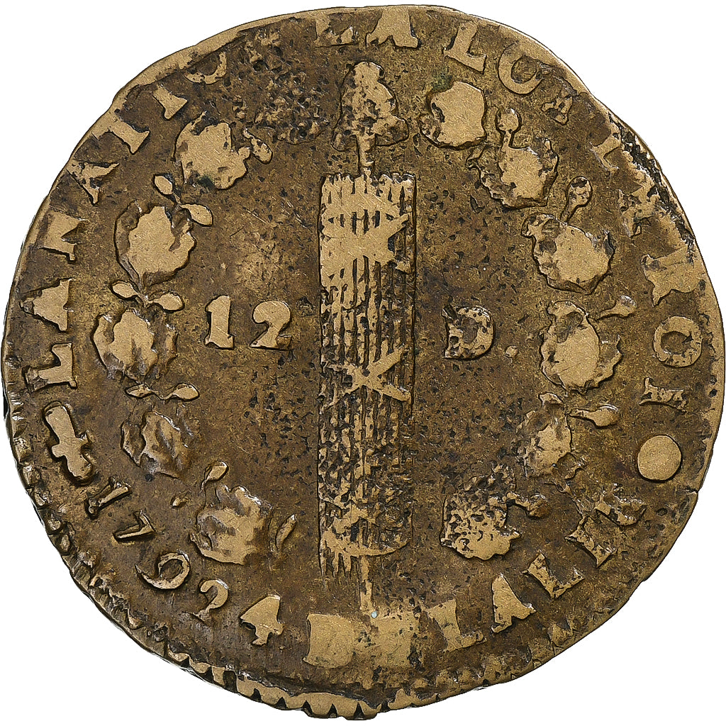 Francia, Louis XVI, 12 Deniers, 1792 / AN 4, Perpignan, Rame, MB, Gadoury:15