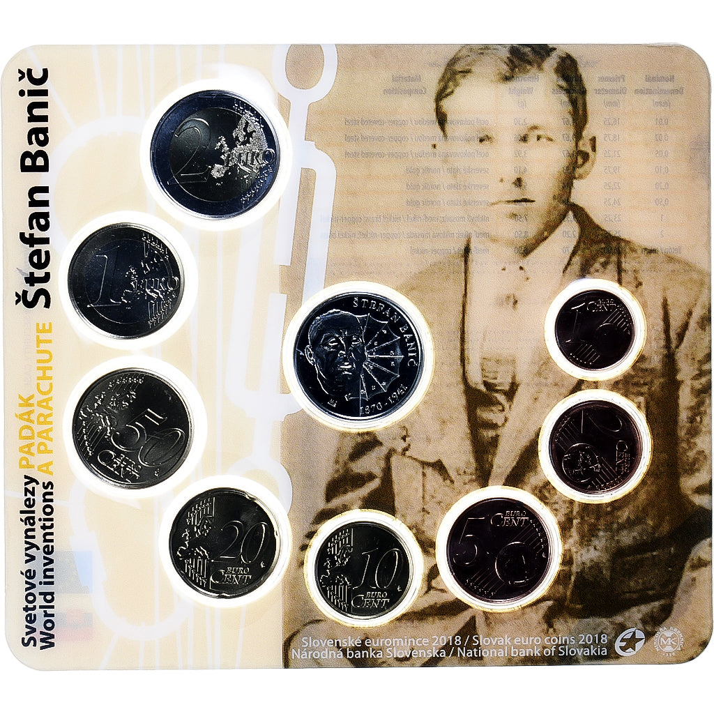 Slovaquie, Coffret 1c. à 2€ + jeton, Štefan Banič, Parachute, 2018, BU