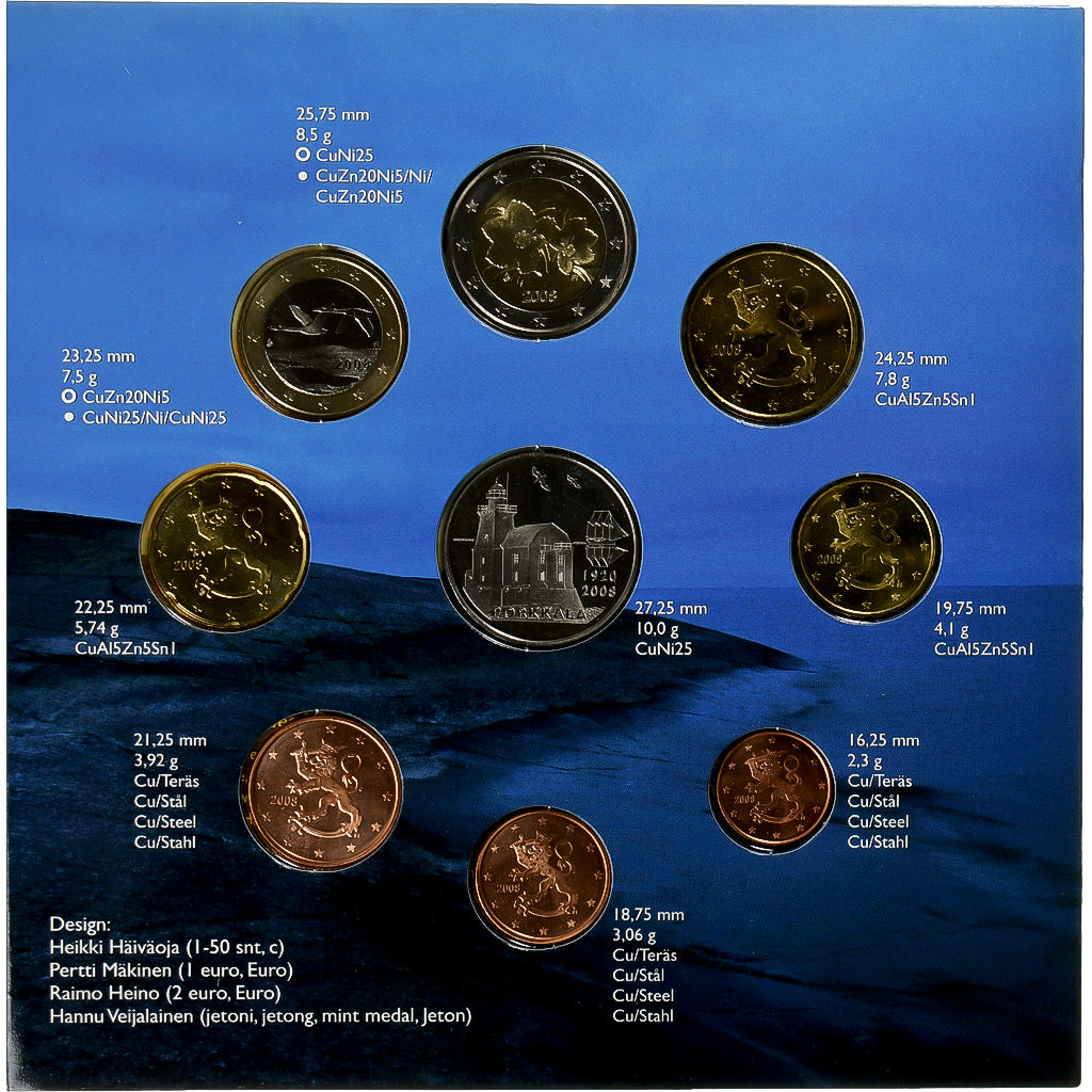 Finlandia, Coffret 1c. à 2€ + jeton, 2008, Vantaa, BU, FDC, N.C.