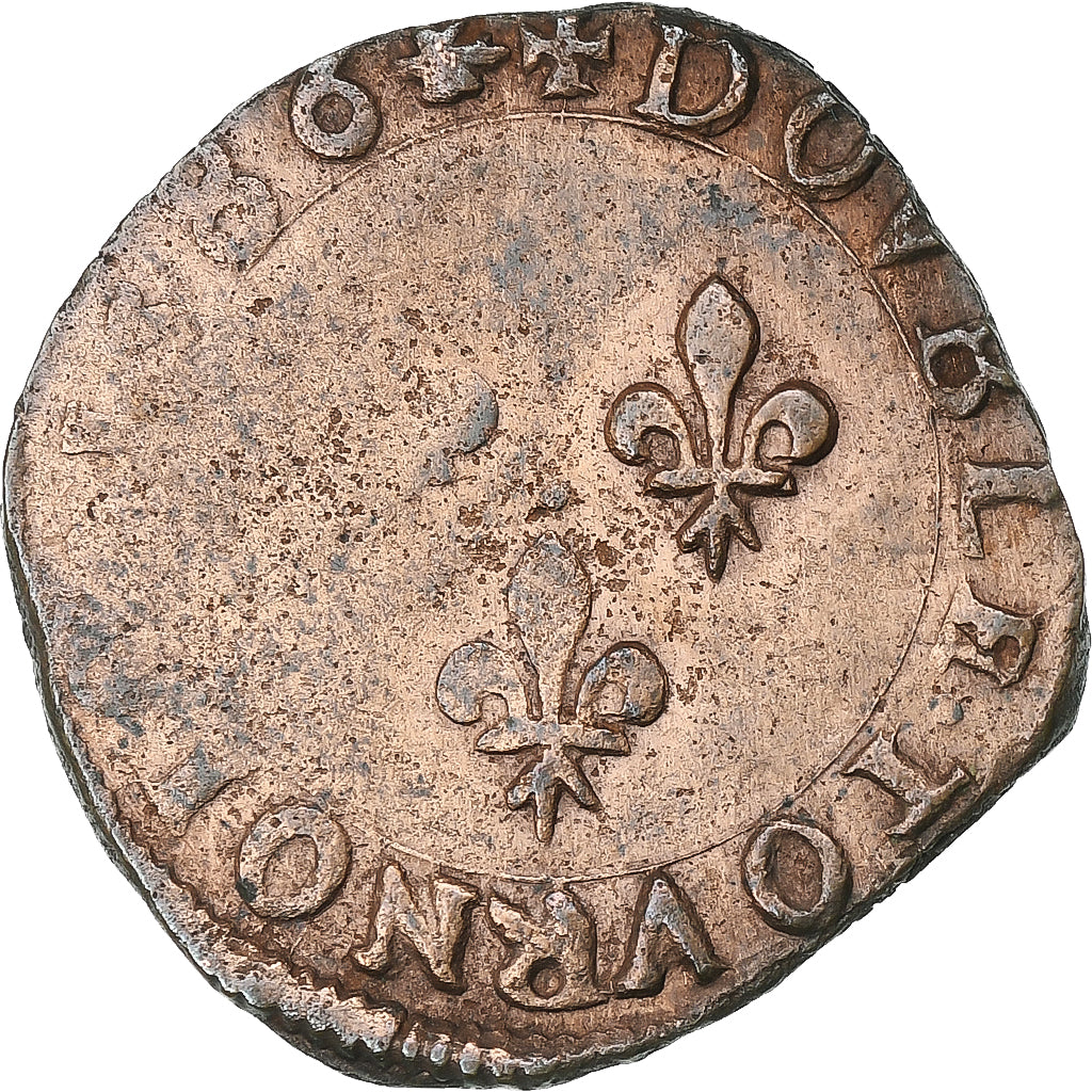 France, Henri III, Double Tournois, 1586, La Rochelle, Cuivre, TB+, Gadoury:455