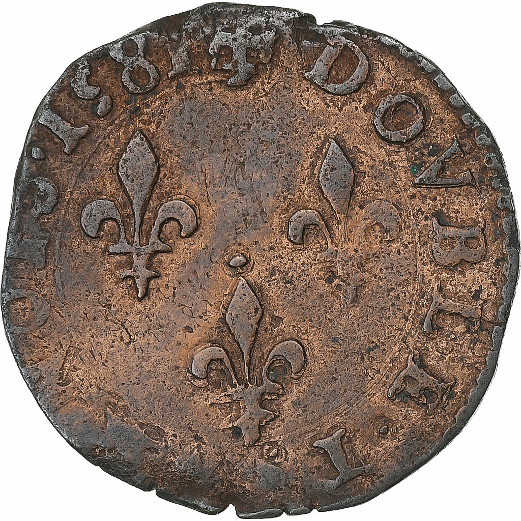 Francja, Henri III, Double Tournois, 1581, Poitiers, Miedź, VF(30-35)