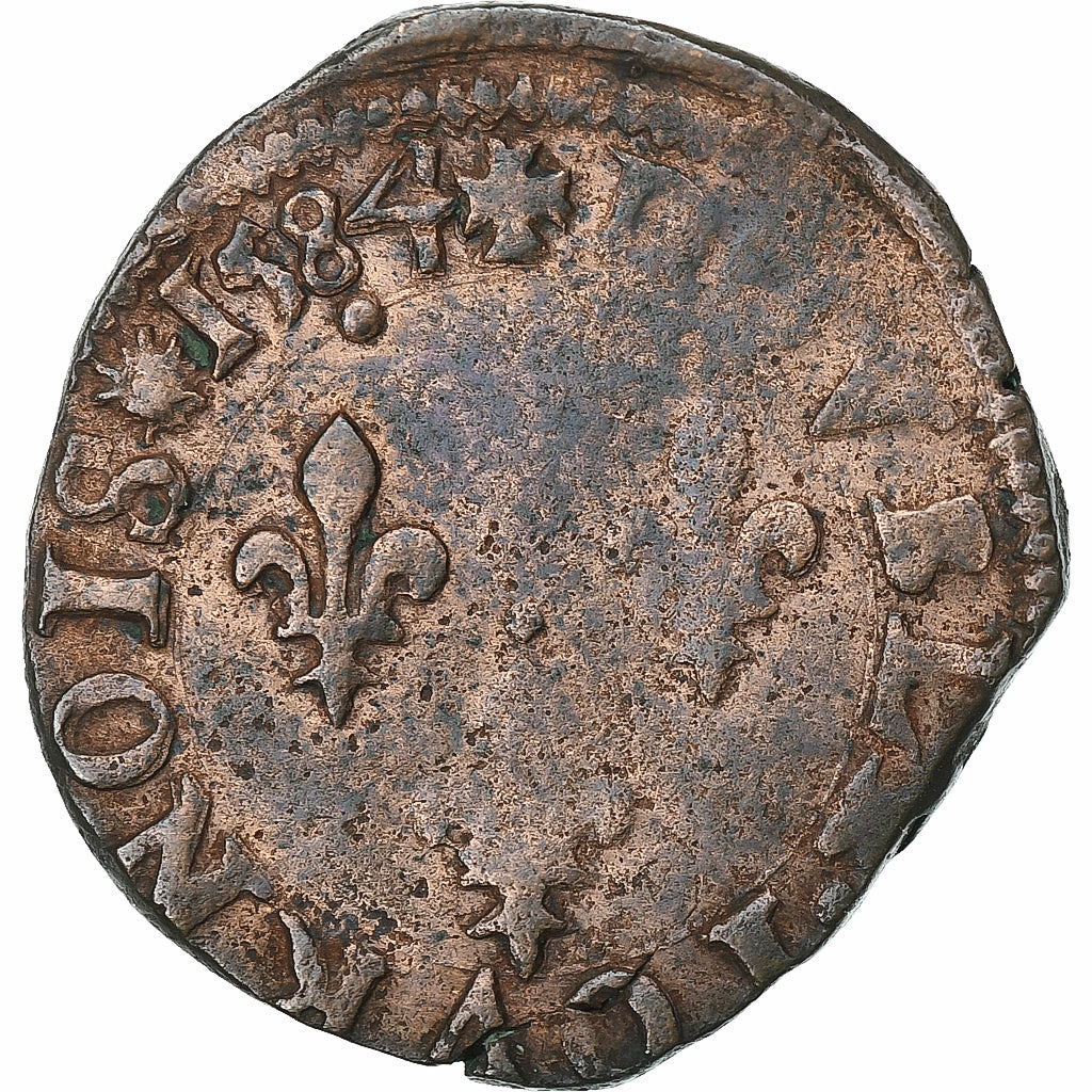 Francja, Henri III, Double Tournois, 1584, Poitiers, Miedź, VF(20-25)