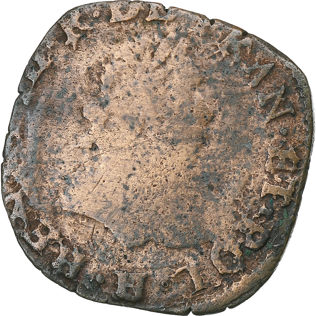 Francia, Henri III, Double Tournois, 1579, La Rochelle, Cobre, BC+, Gadoury:455