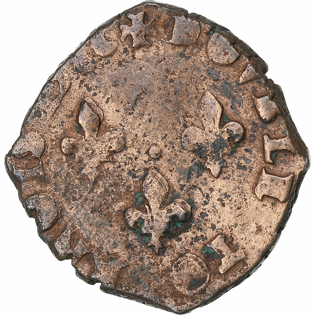 Francja, Henri III, Double Tournois, 1586, Dijon, Miedź, VF(20-25), Gadoury:455