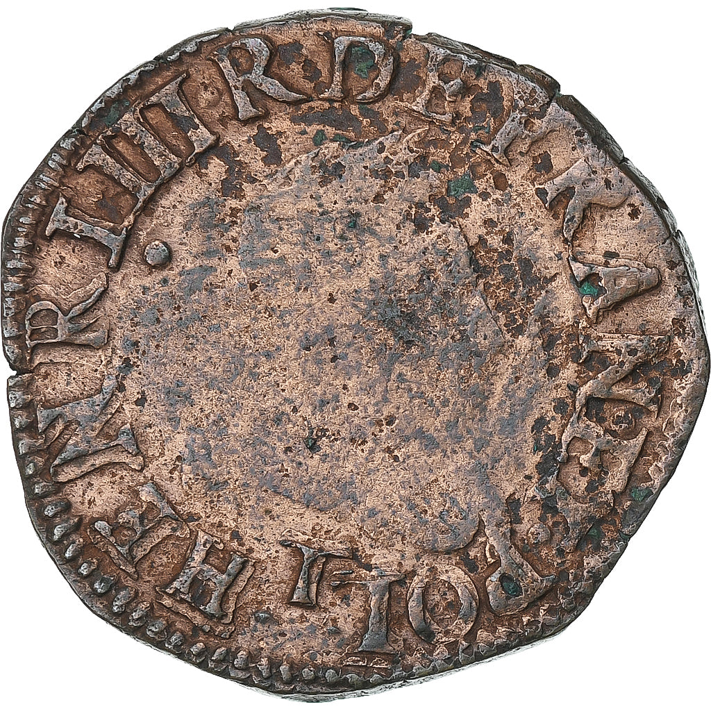 Francia, Henri III, Double Tournois, 1585, Nantes, Cobre, BC+, Gadoury:455